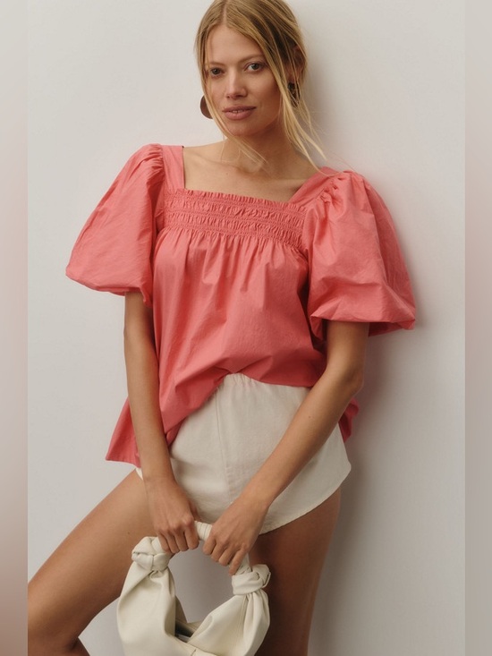 Anthropologie Tops - Anthropologie Maeve Coral Pink Puff-Sleeve Smocked Blouse Size Medium